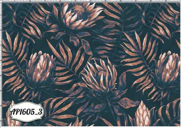 Druk na tkaninie- kwiaty i liście palmy w odcieniach brązu