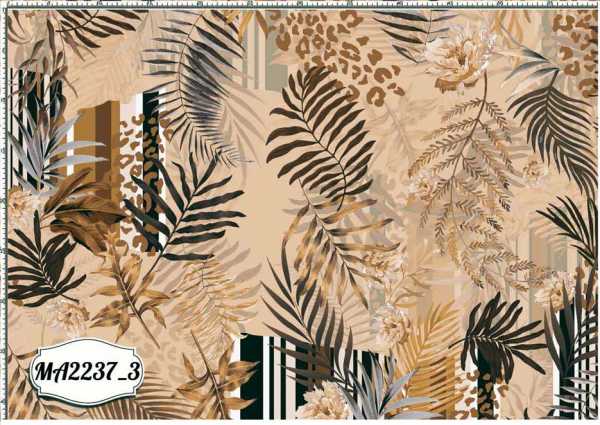 Druk na tkaninie- liście palmowe, pasy i panterka w odcieniach brązu