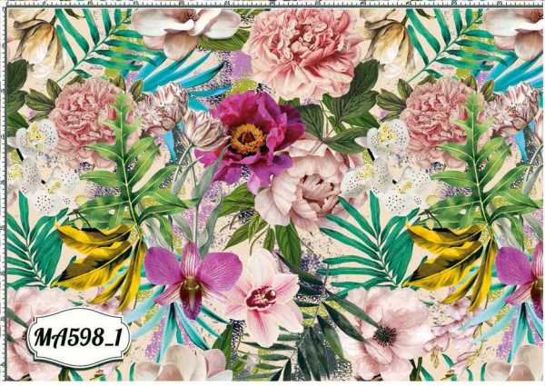 Druk na tkaninie- wielobarwne kwiaty i egzotyczne liście na jasnym tle
