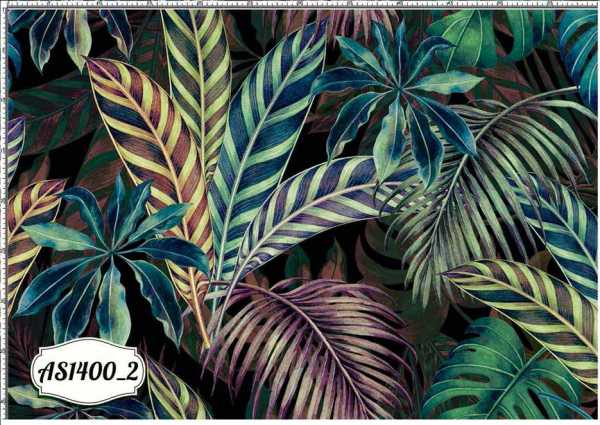 Druk na tkaninie- liście palmy w odcieniach zieleni butelkowej i fioletu