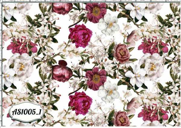 Druk na tkaninie- białe i ciemnoróżowe kwiaty na białym tle