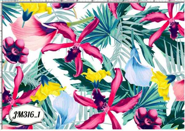 Druk na tkaninie- kolorowe, egzotyczne kwiaty i liście palmowe na bieli