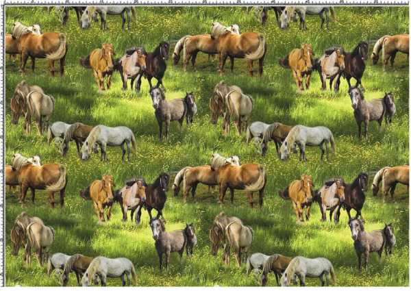 Druk na tkaninie- dzikie konie na łące