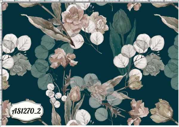 Druk na tkaninie- kwiaty i liście eukaliptusa w odcieniach szarości i zieleni 