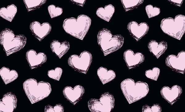 Druk na tkaninie- różowe rysowane serca na czerni