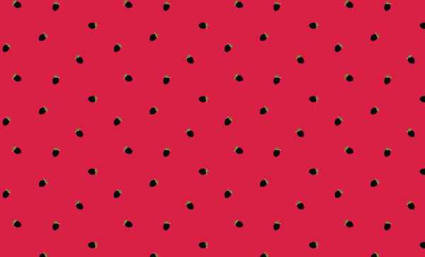 Druk na tkaninie- czarne poziomki na czerwonym tle