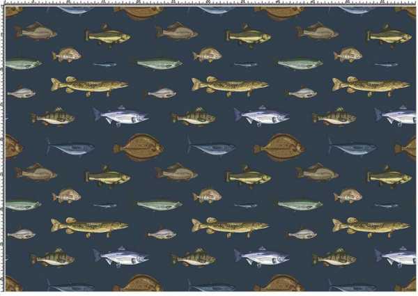 Druk na tkaninie- kolorowe ryby na granatowym tle