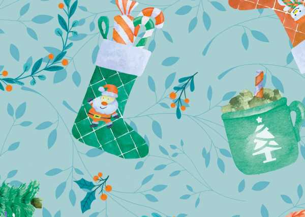 Druk na tkaninie- dekoracje świąteczne w odcieniach zieleni na niebieskim tle