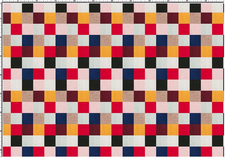 Zdjęcie prezentujące wzór do druku na tkaninach i dzianinach z kolorowymi kwadratami w kolorze granatowym, czarnym, czerwonym, pomarańczowym, różowym i szarym