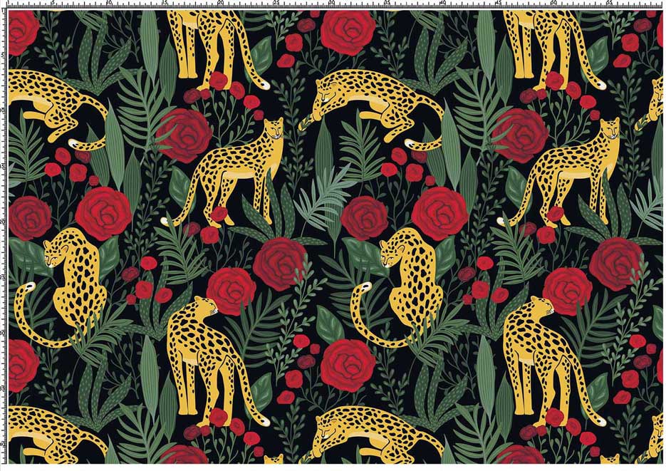 Zdjęcie prezentujące wzór do druku na tkaniny i dzianiny z panterami w otoczeniu czerwonych róż i zielonych liści palm