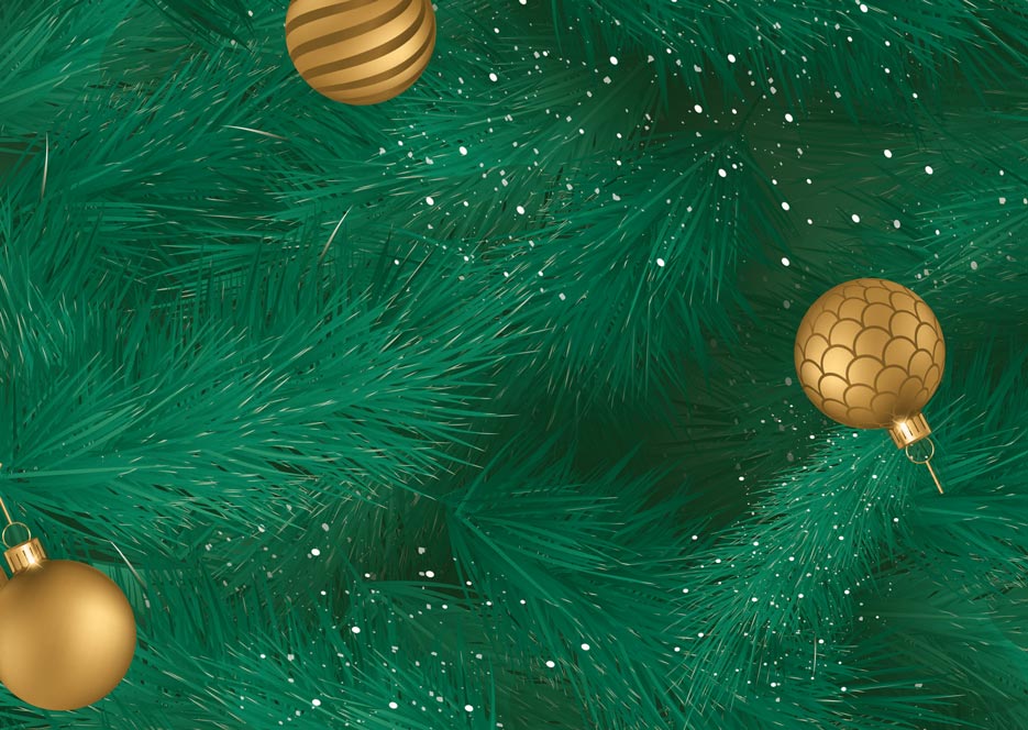 Zdjęcie prezentujące wzór do nadruku na tkaniny i dzianiny ze złotymi bombkami na tle zielonych gałązek, motyw świąteczny