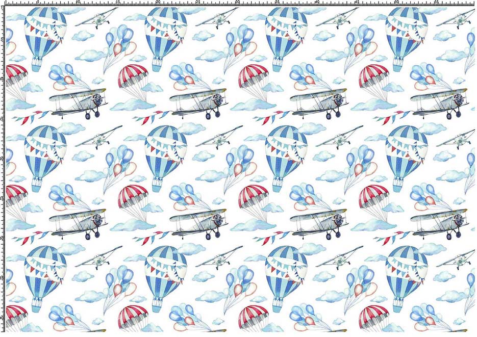 Wzór do druku na tkaniny poliestrowe z samolotami, balonami, spadochronami i chmurkami na tle w kolorze białym 