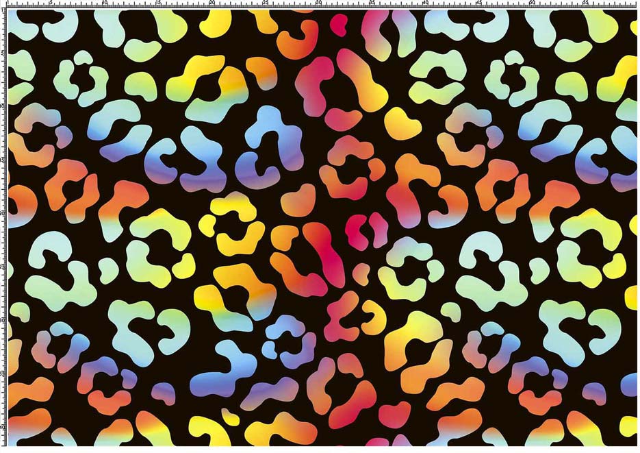 Zdjęcie prezentujące wzór do druku na tkaniny i dzianiny, sublimacji z kolorowymi cętkami, panterka w kolorach tęczy na tle w kolorze czarnym