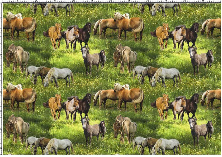Zdjęcie prezentujące wzór do druku na tkaniny i dzianiny poliestrowe z dzikimi końmi na łące