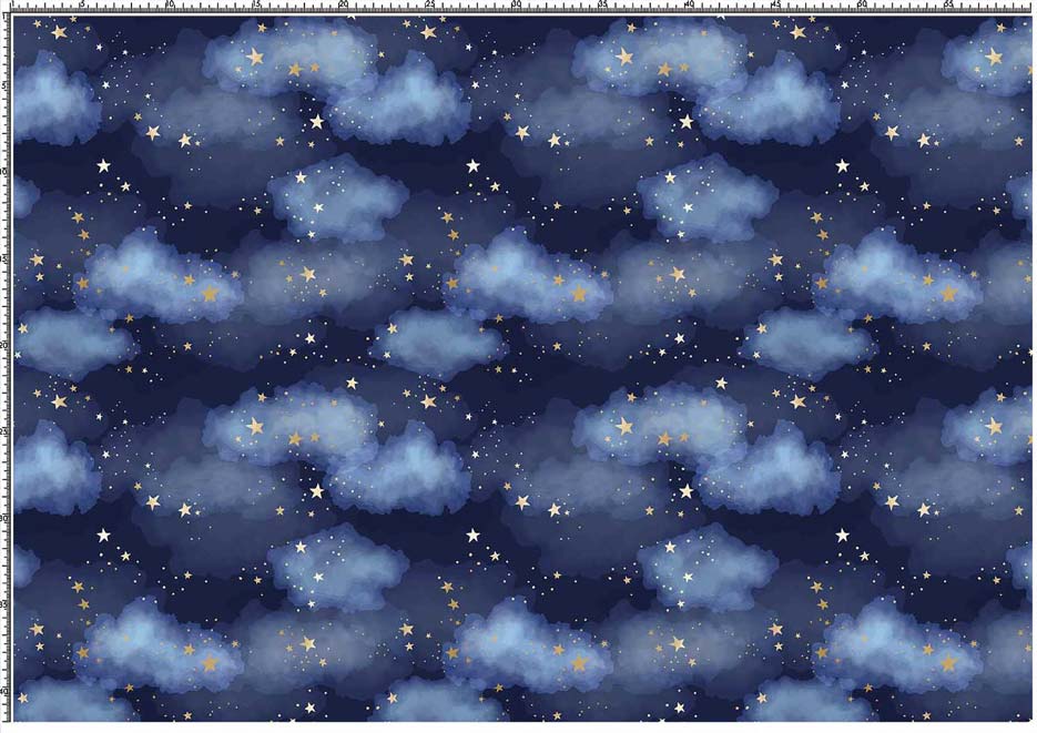 Zdjęcie prezentujące wzór do nadruku na tkaniny i dzianiny, sublimacja z motywem nocnego nieba z gwiazdami i obłokami