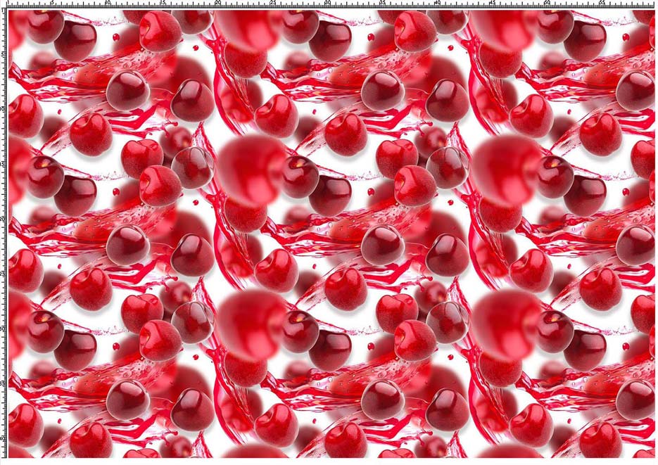 Zdjęcie prezentujące wzór do druku na tkaniny, dzianiny z owocami wiśni na tle w kolorze biało-czerwonym