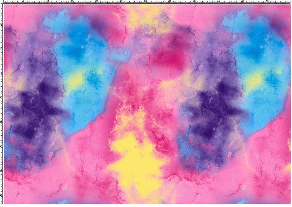 Zdjęcie prezentujące wzór do nadruku na tkaniny i dzianiny z kolorowymi, akwarelowymi plamami barwnymi w kolorze fioletowym, różowym, niebieskim, żółtym