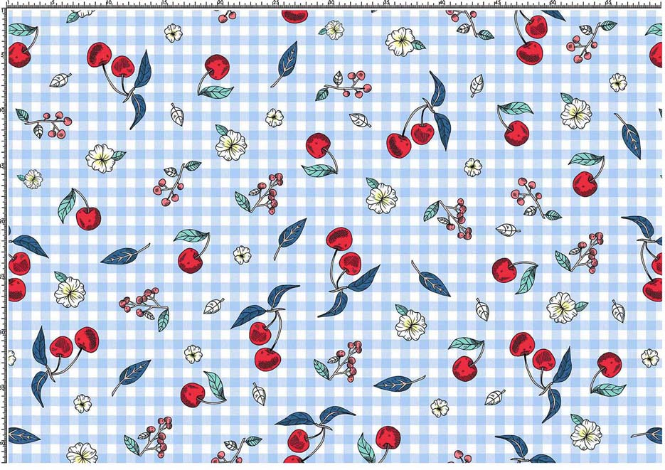 Zdjęcie prezentujące wzór do druku na tkaniny, dzianiny z owocami i kwiatami wiśni na tle w biało-niebieską kratkę vichy