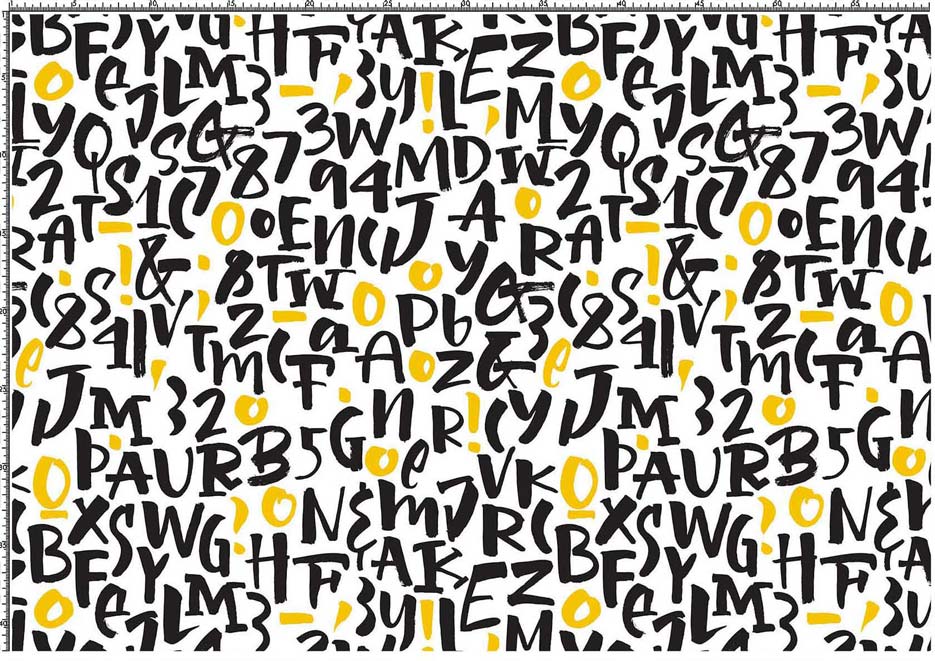Wzór do druku na tkaninach i dzianinach z literami i cyframi w kolorze czarnym i żółtym na białym tle