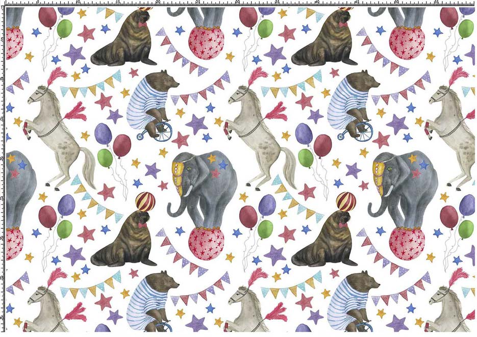 Wzór do nadruku na tkaniny i dzianiny z balonikami i zwierzętami cyrkowymi- mors, słoń, koń i niedźwiedź
