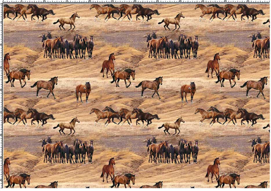 Zdjęcie prezentujące wzór do druku na tkaniny i dzianiny poliestrowe z dzikimi końmi, motyw w odcieniach brązu