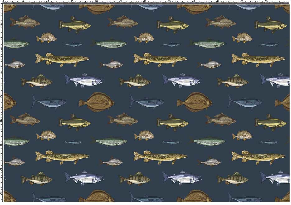 Zdjęcie prezentujące wzór do druku na tkaniny i dzianiny poliestrowe z kolorowymi rybami na tle w kolorze granatowym