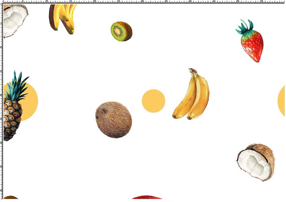 Zdjęcie przedstawiające wzór z tropikalnymi owocami- banany, kokosy, ananasy i truskawki na tle w kolorze białym