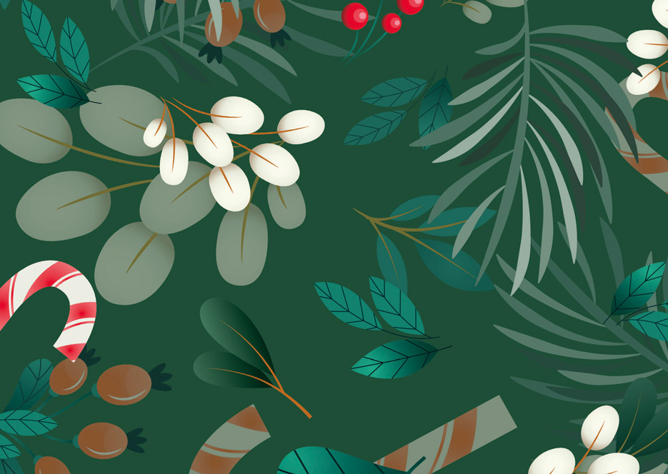 Wzór do druku na tkaninach dekoracje świąteczne i gałązki w odcieniach zieleni, czerwieni i bieli