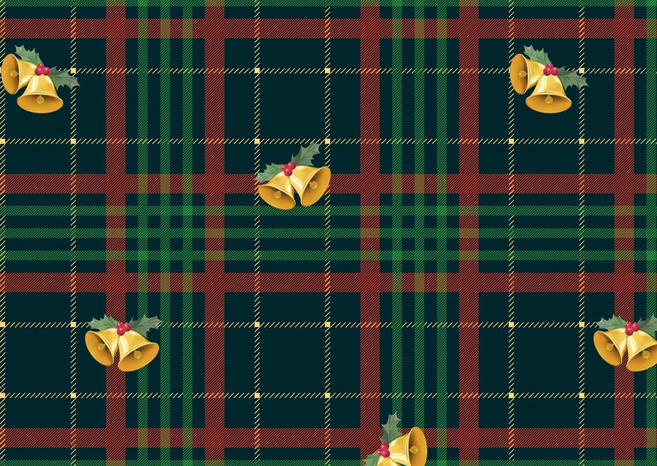 Wzór do druku na tkaninach i dzianinach poliestrowych, motyw świąteczny ze złotymi dzwoneczkami na tle w kratkę w odcieniach zieleni i czerwieni