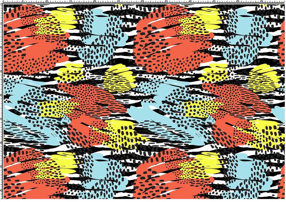 Zdjęcie prezentujące wzór do druku na tkaniny i dzianiny z abstrakcyjnym motywem w kolorze czerwonym, żółtym, niebieskim, białym i czarnym