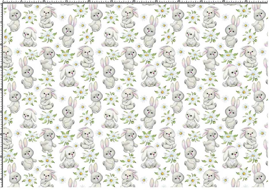 Wzór do nadruku na tkaniny poliestrowe z białymi króliczkami i kwiatuszkami na tle w kolorze białym
