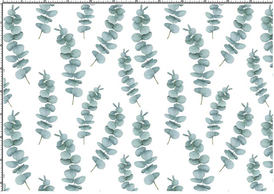 Zdjęcie przedstawiające wzór do druku na tkaniny i dzianiny, sublimacji z gałązkami eukaliptusa na tle w kolorze białym