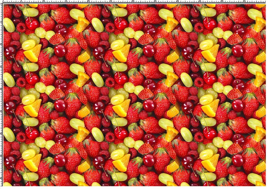 Zdjęcie prezentujące wzór do druku na tkaniny i dzianiny z kolorowymi owocami pomarańczy, truskawek, wiśni i winogron