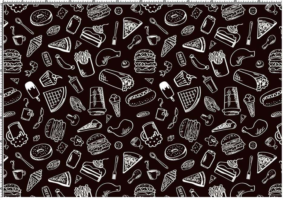 Zdjęcie prezentujące wzór do druku na dzianiny poliestrowe z motywem jedzenia fast food w kolorze biało-czarnym