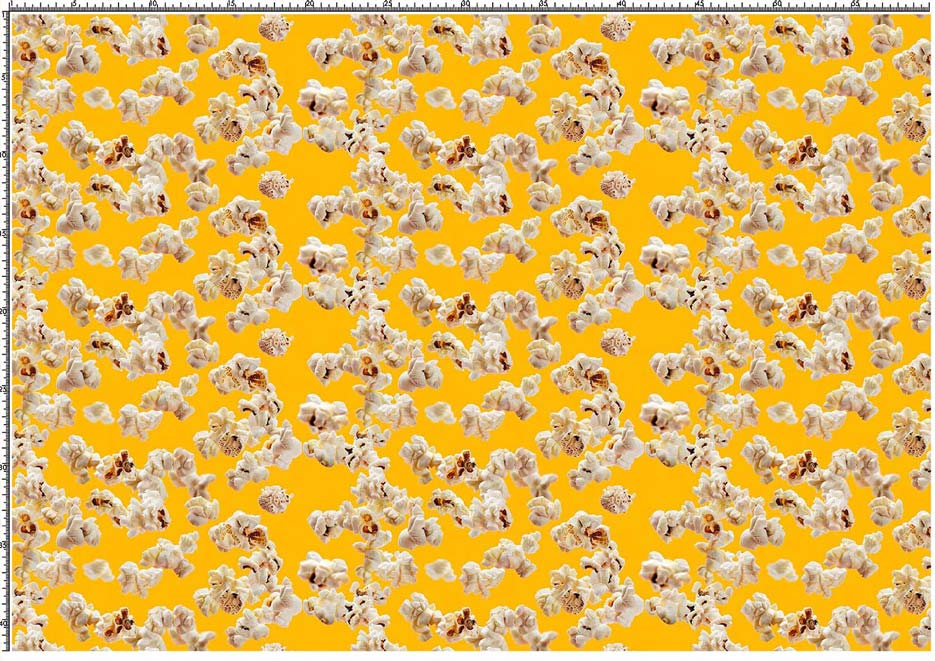 Zdjęcie prezentujące wzór do nadruku na tkaniny z motywem popcornu na tle w kolorze żółtym
