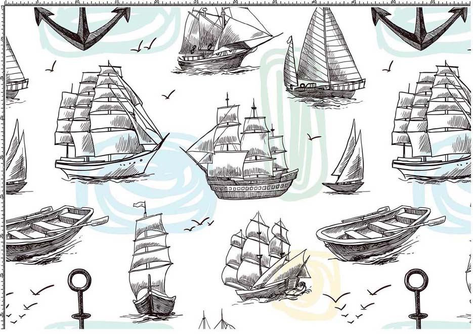 Wzór do druku na tkaniny i dzianiny z okrętami łódkami na tle w odcieniach bieli, zieleni, żółtego i niebieskiego