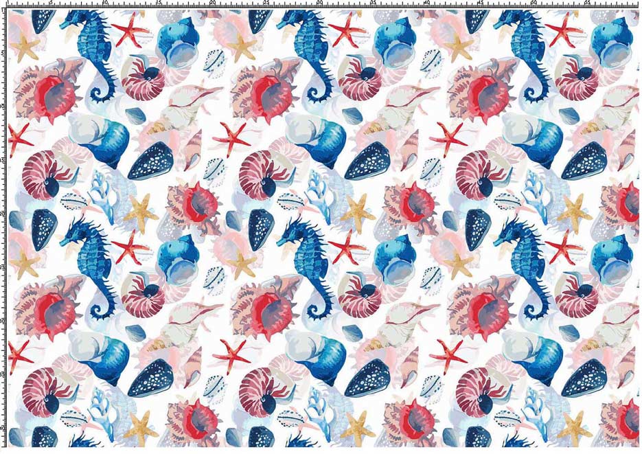 Zdjęcie przedstawiające wzór do druku na tkaniny i dzianiny poliestrowe z motywem marynistycznym- muszle, rozgwiazdy, koniki morskie na tle w kolorze białym