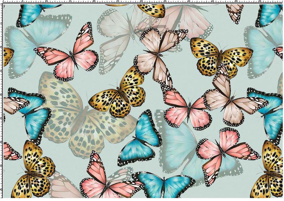 Zdjęcie prezentujące wzór do druku na tkaniny i dzianiny poliestrowe z kolorowymi motylami na niebieskim tle