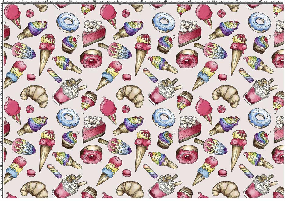 Zdjęcie przedstawiające wzór do nadruku na tkaniny i dzianiny z motywem jedzenia- lody, rogaliki, pączki, ciasta na różowym tle