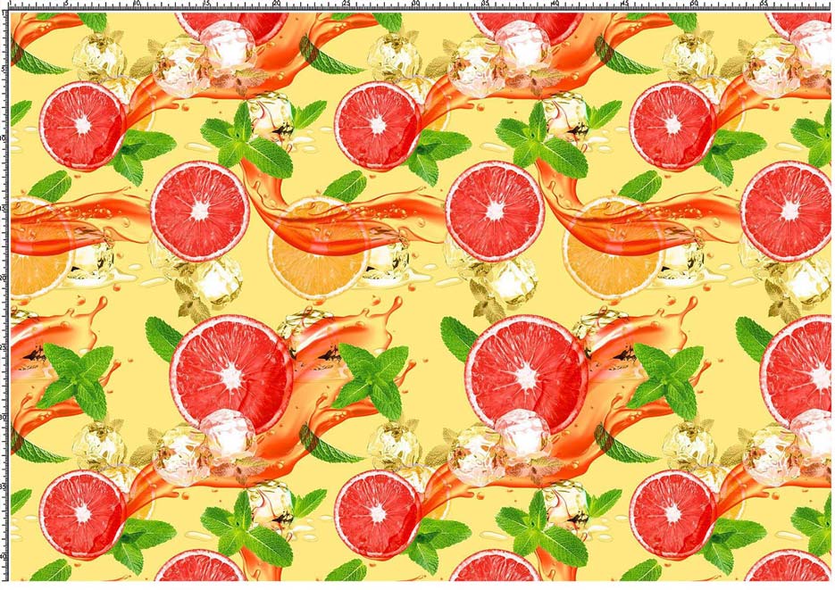 Zdjęcie przedstawiające wzór z plasterkami pomarańczy, listkami mięty i kostkami lodu na żółtym tle, druk na tkaninach i dzianinach