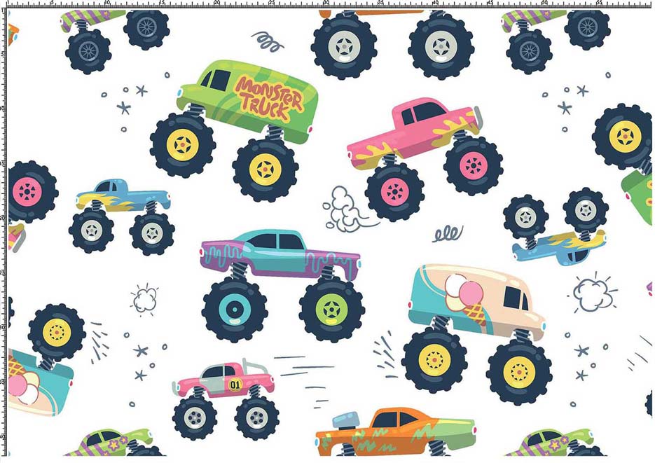 Wzór do druku na tkaniny i dzianiny poliestrowe z kolorowymi autami monster truck na tle w kolorze białym 