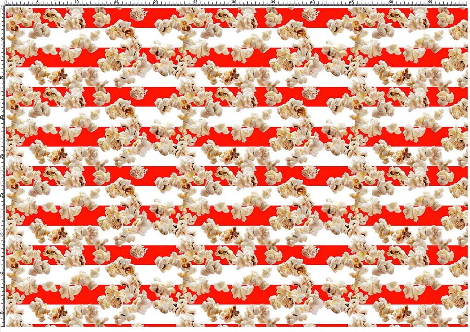 Zdjęcie przedstawiające wzór do druku na tkaniny z motywem popcornu na tle w poziome, biało-czerwone pasy