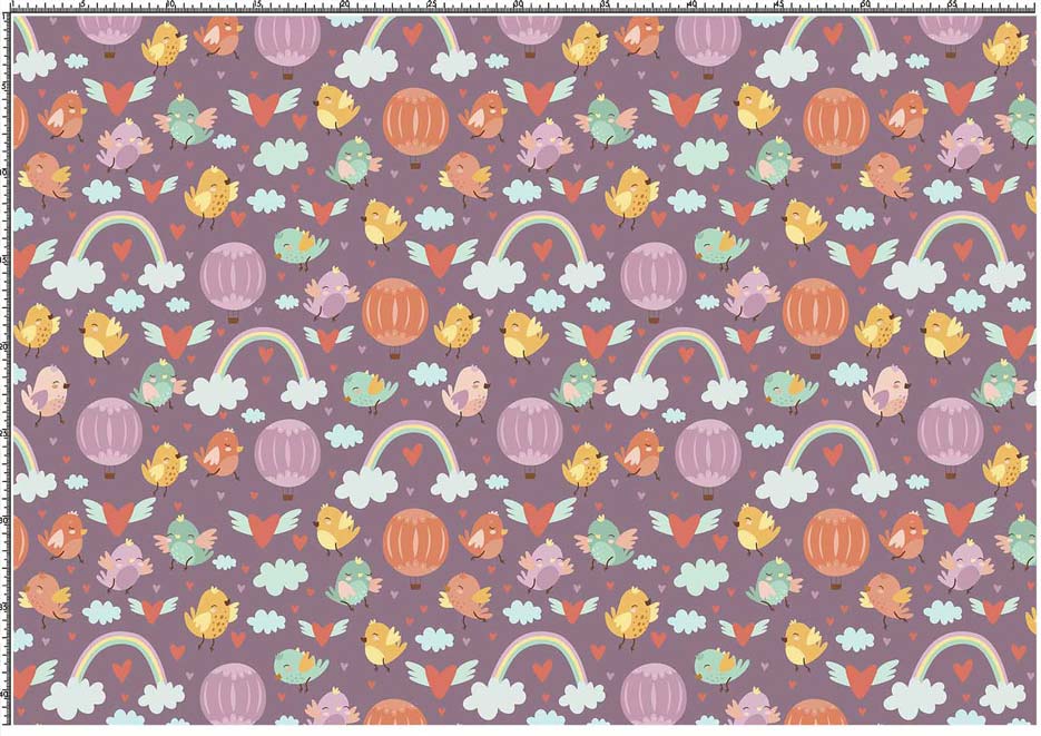 Wzór do nadruku na tkaniny poliestrowe z kolorowymi ptaszkami, tęczą i balonami na fioletowym tle