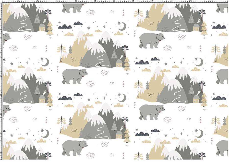 Wzór do nadruku na tkaniny i dzianiny z motywem gór i niedźwiedzia w odcieniach szarości, beżu i bieli