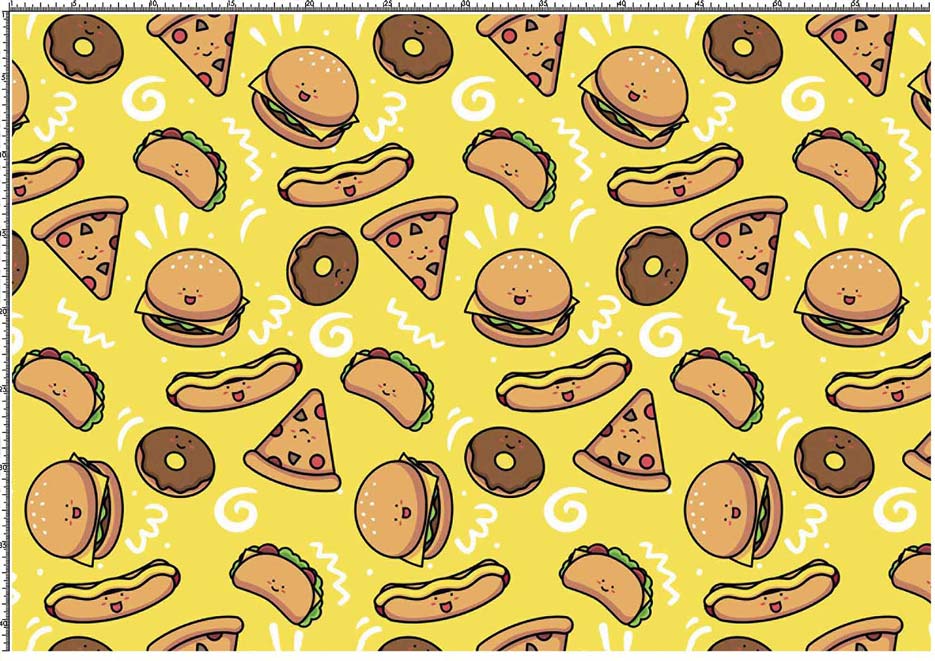 Zdjęcie przedstawiające wzór do nadruku na materiały poliestrowe z motywem pizzy, burgerów i hot-dogów na tle w kolorze żółtym