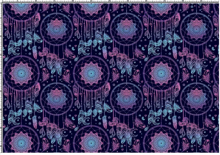 Zdjęcie przedstawiające wzór do druku na tkaniny i dzianiny poliestrowe z łapaczami snów w odcieniach różu, fioletu i niebieskiego