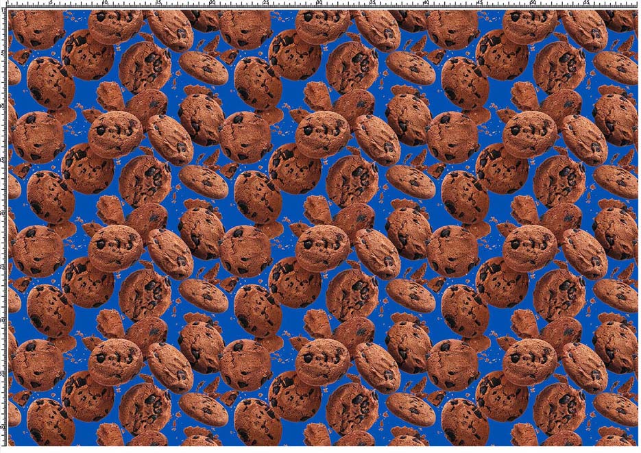 Zdjęcie prezentujące wzór do druku na tkaniny- czekoladowe ciasteczka na tle w kolorze niebieskim