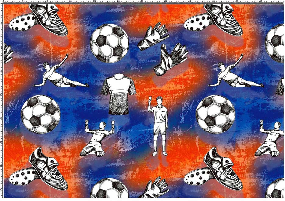 Wzór do druku na tkaninach i dzianinach z motywami piłkarskimi m.in. piłki, piłkarze, rękawice na tle w kolorze niebieskim i pomarańczowym