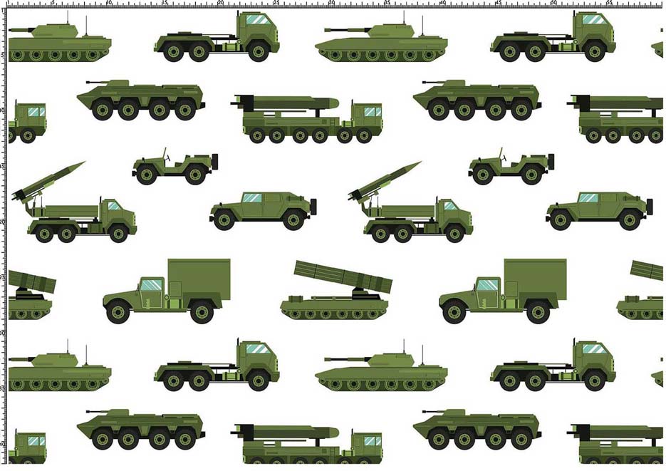 Wzór do druku na tkaninach i dzianinach poliestrowych z pojazdami wojskowymi w kolorze zielonym na tle w kolorze białym 