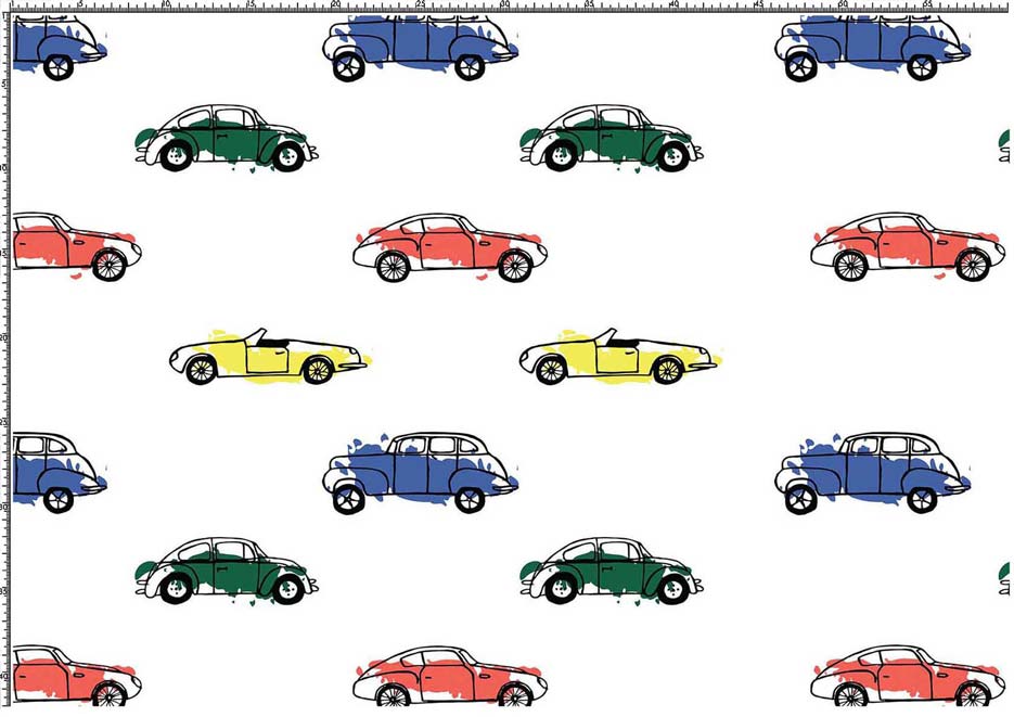 Wzór do druku na tkaniny i dzianiny z motywem aut, samochodów w stylu retro w kolorze żółtym, czerwonym, niebieskim i zielonym